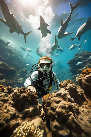 Man in diving suit and mask is surrounded by sharks. Generative AI.の素材