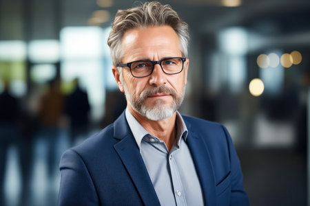Man with glasses and beard wearing suit and tie. Generative AI.の素材