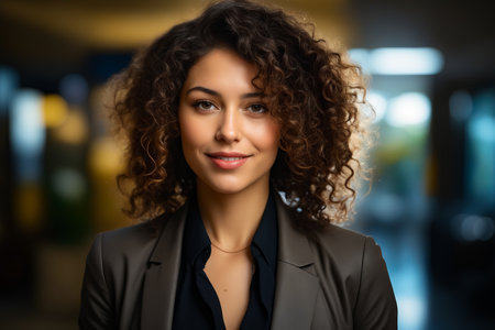 Woman with curly hair and black shirt is smiling. Generative AI.の素材