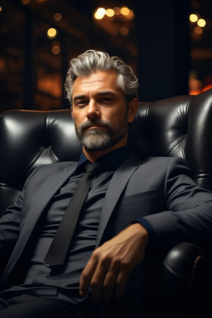 Man in suit and tie sitting in chair. Generative AI.の素材