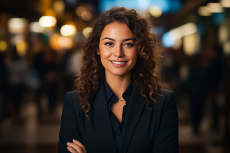 Woman with curly hair and black shirt is smiling. Generative AI.の素材