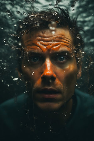 Man with wet face and water droplets on his face. Generative AI.の素材