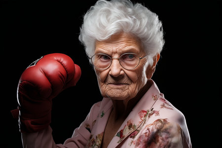 Old woman wearing red boxing gloves and pink shirt. Generative AI.の素材
