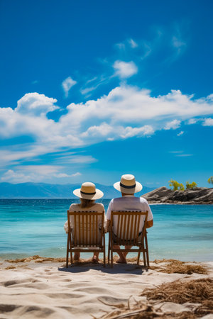 Two people sitting on beach facing the ocean with sky background. Generative AI.の素材