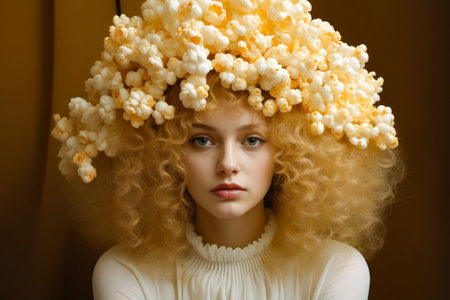 Woman with large bunch of popcorn on her head. Generative AI.の素材