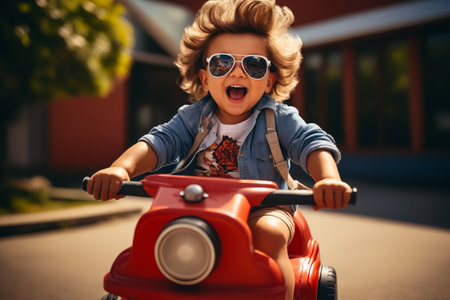 Little boy riding red toy car with sunglasses on. Generative AI.の素材