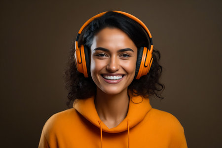 Woman wearing headphones and smiling for the camera with brown background. Generative AI.の素材