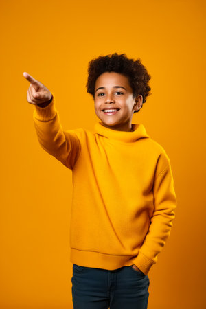 Young woman in yellow sweater pointing at something. Generative AI.の素材