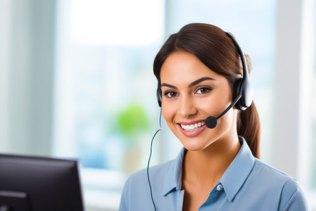 Woman wearing headset and smiling at the camera. Generative AI.の素材
