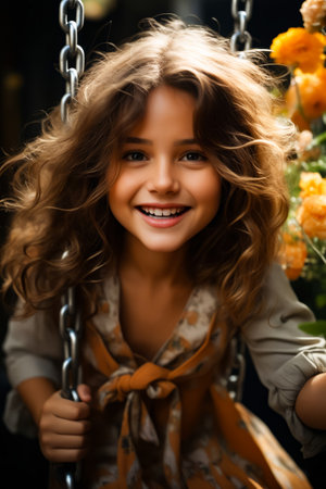 Young girl with long hair and smile on her face. Generative AI.の素材
