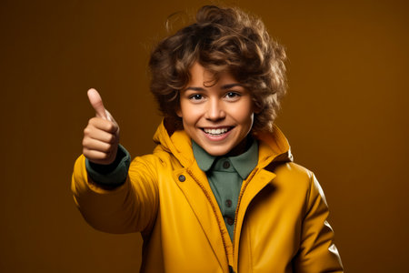 Young boy in yellow jacket giving thumbs up. Generative AI.の素材