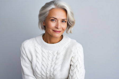 Woman with gray hair and white sweater is smiling. Generative AI.の素材