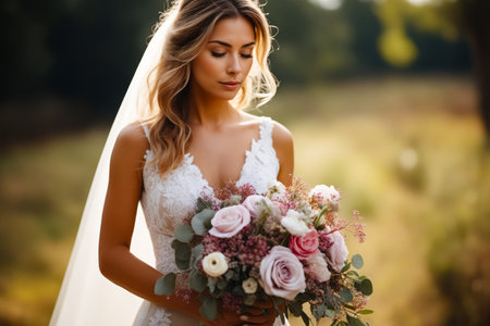 Bride holding bouquet of flowers in her hands. Generative AI.の素材