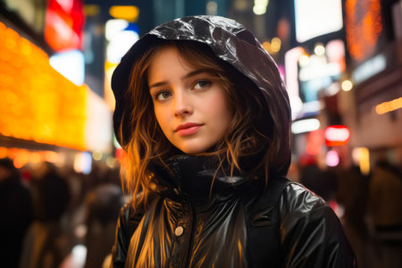 Woman in black jacket and black raincoat. Generative AI.の素材