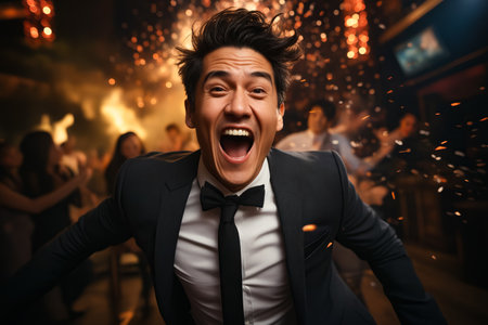 Man in tuxedo is excited about something. Generative AI.の素材