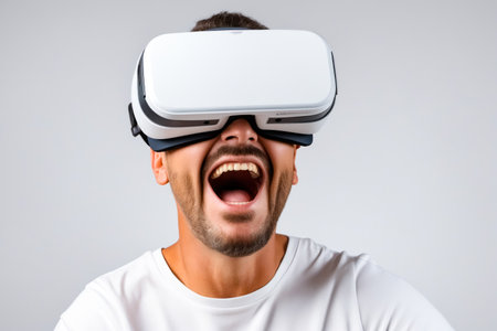 Man wearing virtual reality headset and screaming. Generative AI.の素材