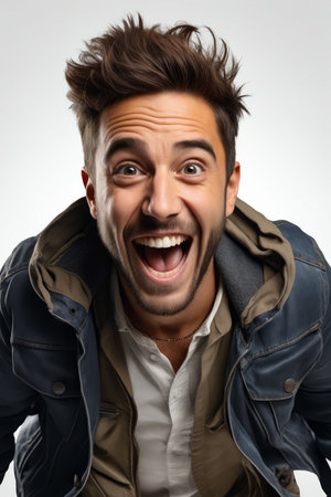 Man with funny look on his face and jacket on. Generative AI.の素材