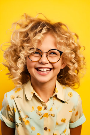 Young girl with glasses smiling for the camera with yellow background. Generative AI.の素材