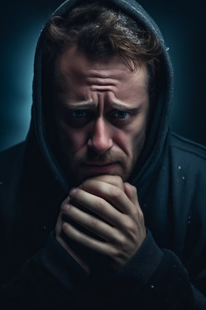 Man in hoodie is looking at the camera. Generative AI.の素材