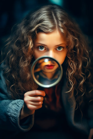 Young girl looking through magnifying glass. Generative AI.の素材