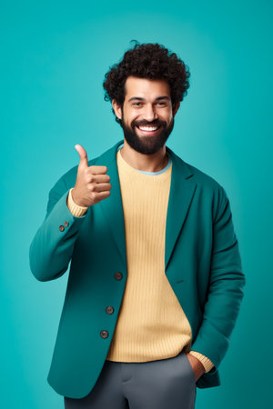 Man with beard and green jacket giving thumbs up. Generative AI.の素材
