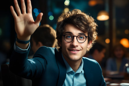 Man wearing glasses and suit jacket is waving. Generative AI.の素材
