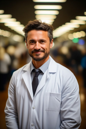 Man in lab coat and tie smiling for the camera. Generative AI.の素材