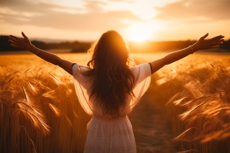 Woman standing in wheat field with her arms outstretched. Generative AI.の素材