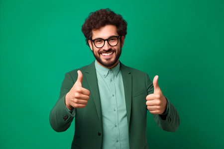 Man in suit giving thumbs up sign. Generative AI.の素材