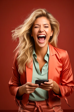 Woman laughing while holding cell phone in her hands. Generative AI.の素材