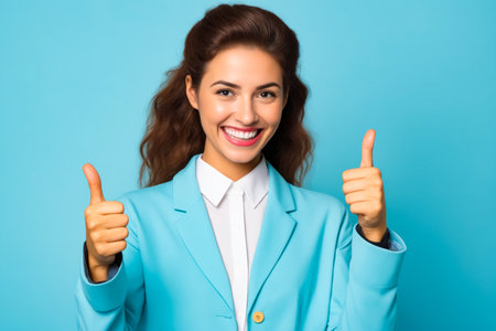 Woman in blue suit giving thumbs up. Generative AI.の素材