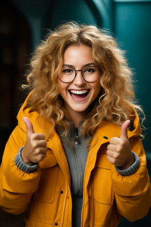 Woman with glasses giving thumbs up sign with her thumb. Generative AI.の素材