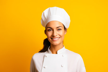 Woman in chef's outfit smiling for picture. Generative AI.の素材