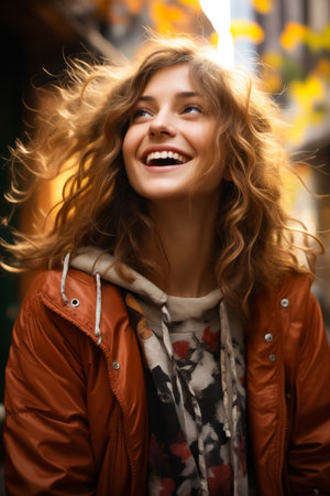 Woman with smile on her face and hair blowing in the wind. Generative AI.の素材
