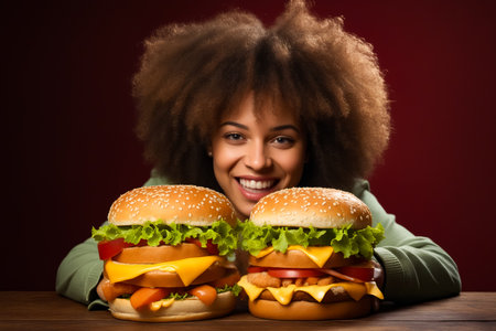 Woman with two hamburgers on her hands and smile. Generative AI.の素材