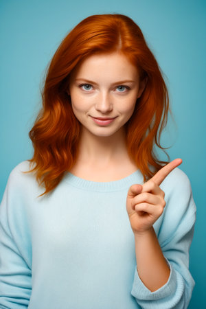 Woman with red hair pointing to the side with finger. Generative AI.の素材