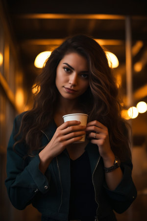 Woman holding cup of coffee in her hands. Generative AI.の素材