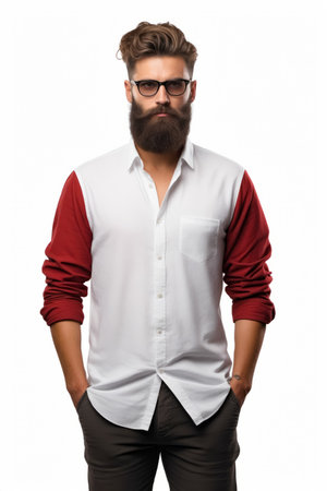 Man with beard and glasses standing with his hands in his pockets. Generative AI.の素材