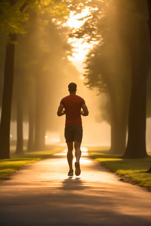Man running down path in the park at sunset. Generative AI.の素材