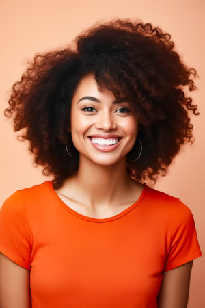 Woman with smile on her face and red shirt. Generative AI.の素材
