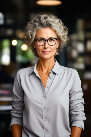 Woman with glasses standing in room with lights. Generative AI.の素材
