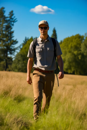 Man walking through field with backpack on. Generative AI.の素材