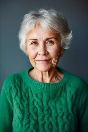 Woman with white hair and green sweater smiling. Generative AI.の素材