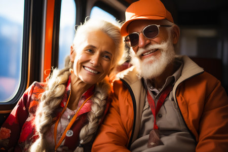 Man and woman sitting on bus together. Generative AI.の素材