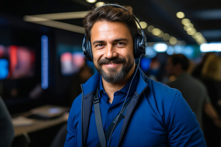 Man wearing headphones and blue shirt smiles. Generative AI.の素材