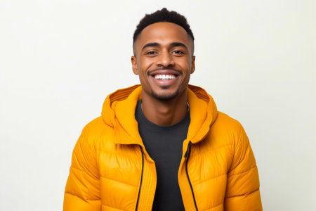 Man in yellow jacket smiling for the camera. Generative AI.の素材