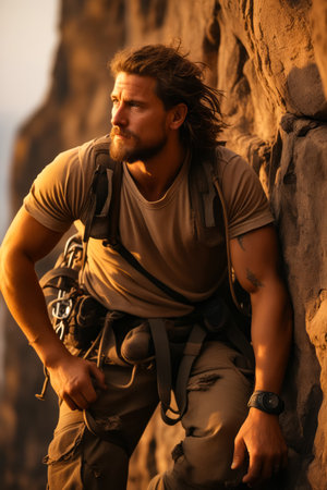 Man with beard and backpack climbing up mountain. Generative AI.の素材