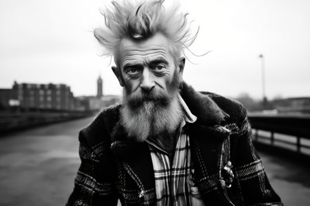 Man with cigarette in his mouth and beard. Generative AI.の素材
