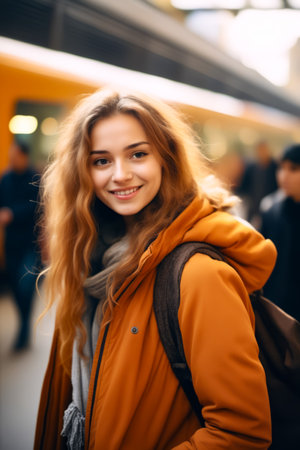 Woman with long hair and backpack on street. Generative AI.の素材