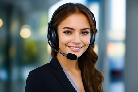 Woman wearing headset and smiling for the camera. Generative AI.の素材
